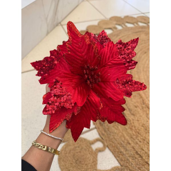 Flor Natalina Poinsetia Vermelha Com Brilho