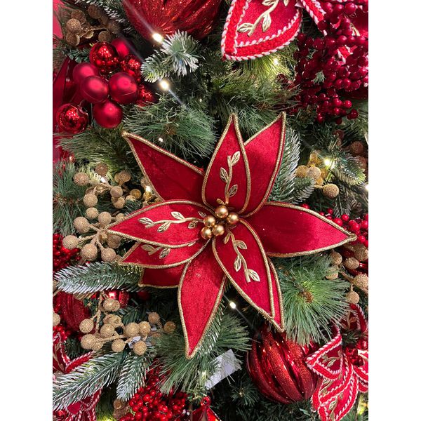 Flor Natalina Veludo Vermelho Com Dourado Luxo Flor De Natal