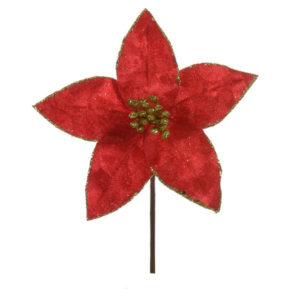 Flor Natalina Poinsetia Vermelha Com Brilho Dourado