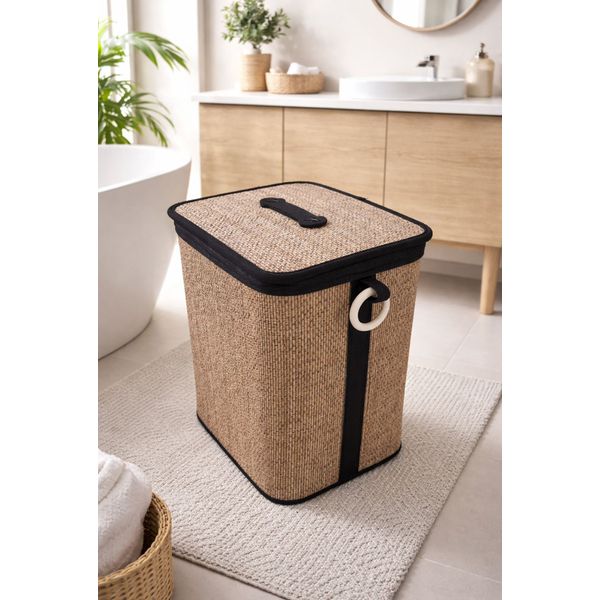 Cesto Organizador Bambu com Tampa Marrom e Preto 36cm