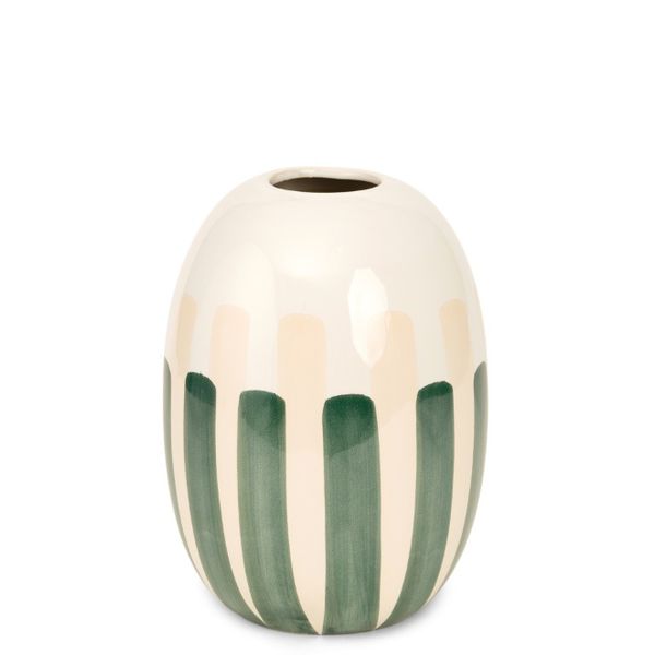 Vaso Decorativo Cerâmica Branco E Listras Verde E Off 26cm