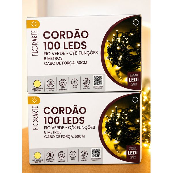 Pisca Cordão De Natal 8m 100 Led Cordão 8 Funções Branco Quente 220V
