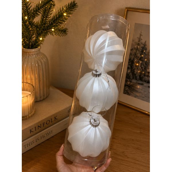 Tubo 3 Bolas De Natal Decoradas Gomo Branco Fosco 12cm
