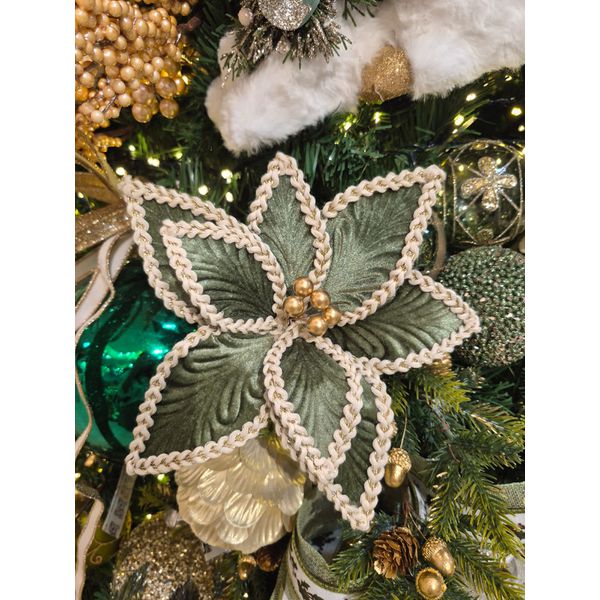 Flor Natalina Veludo Verde Costura Berry Dourado Luxo Natal