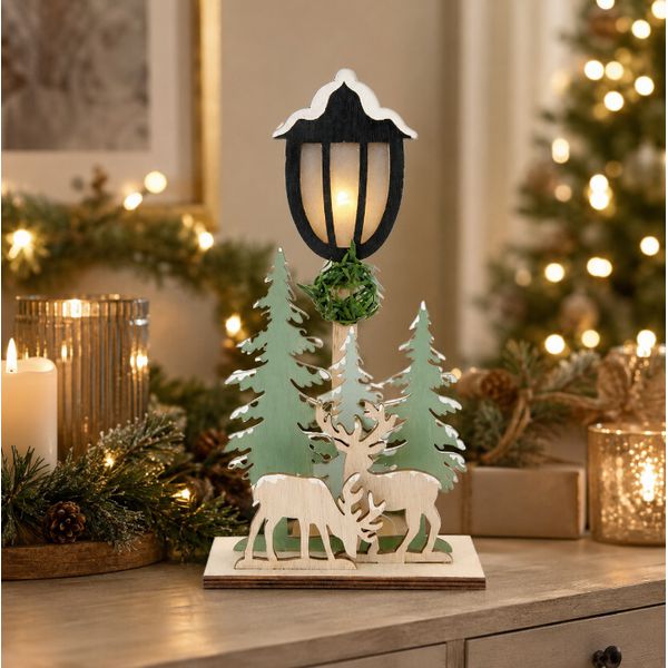 Pinheiro De Natal Led De Mesa Decorativo Renas Madeira 27cm