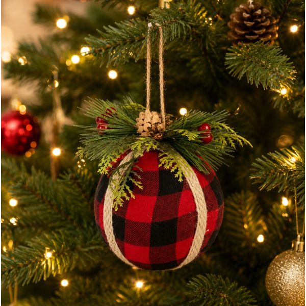 Jogo 4 Bolas Enfeite Árvore Natal Vermelha Xadrez Preto 8cm
