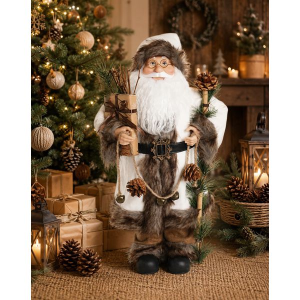 Papai Noel Rustico Presente E Pinhas Branco Marrom 45cm Luxo Natal