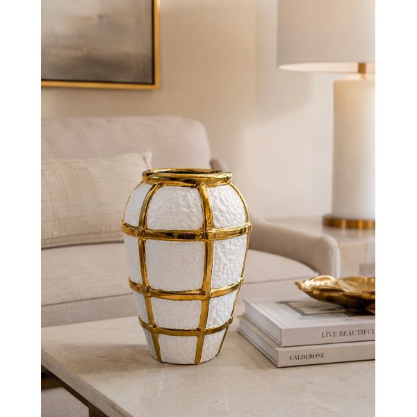 Vaso Branco Linhas Texturizadas Gold Dourado 23cm