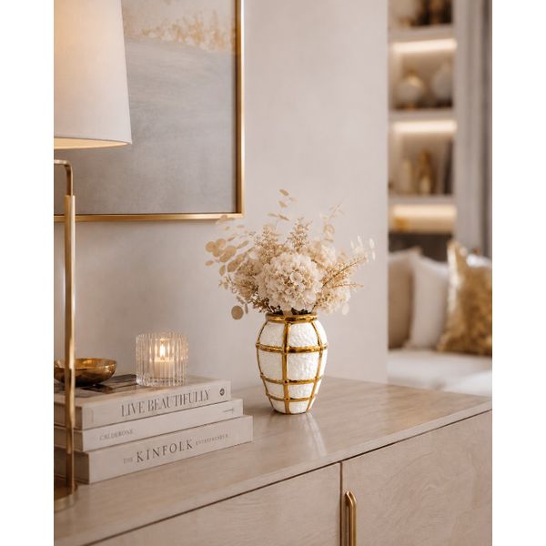 Vaso Branco Linhas Texturizadas Gold Dourado 17cm