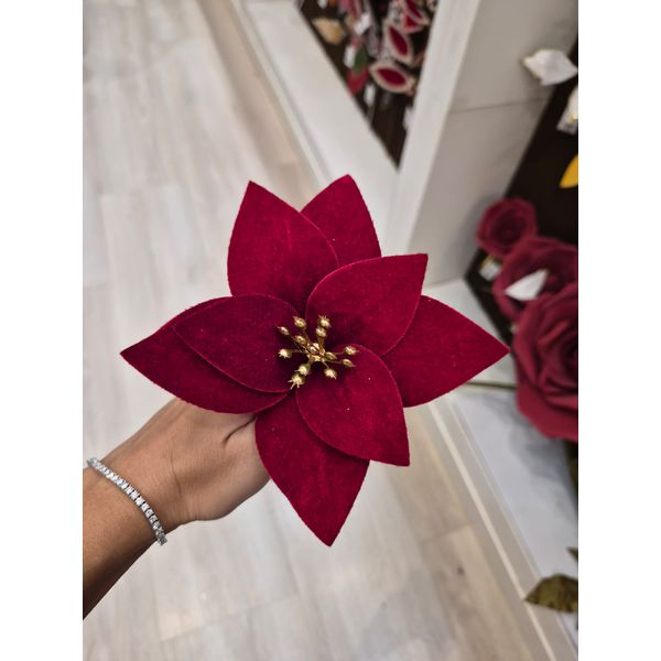 Flor Natalina Bico Papagaio Veludo Vermelho Berry Dourado