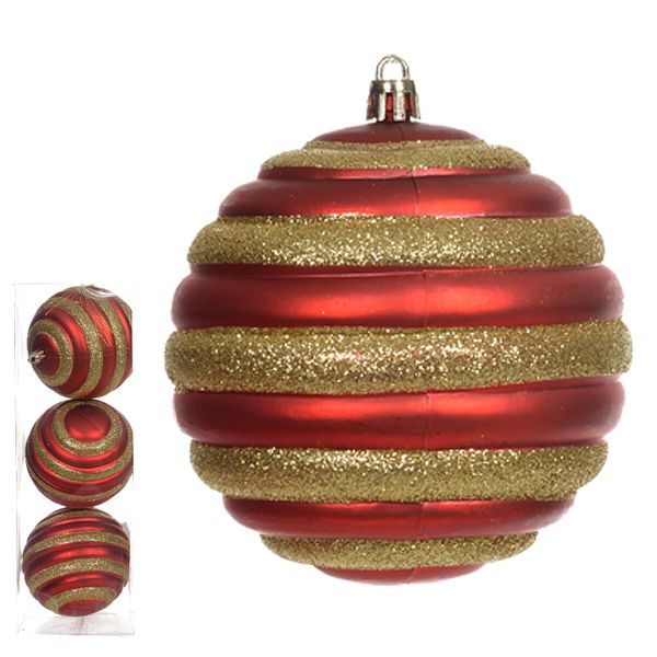 Jogo 3 Bolas de Natal Decorada Vermelho e Dourado 10cm 