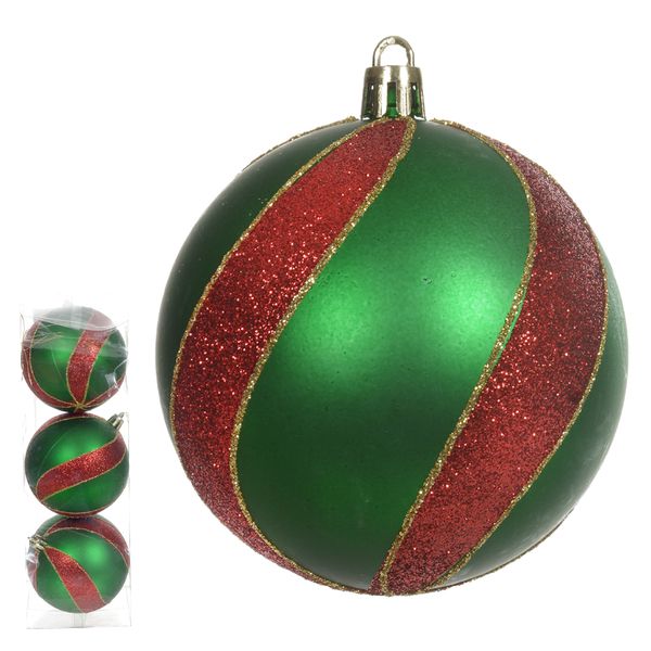 Jogo 3 Bolas Decorada Vermelho e Verde 8cm Natal