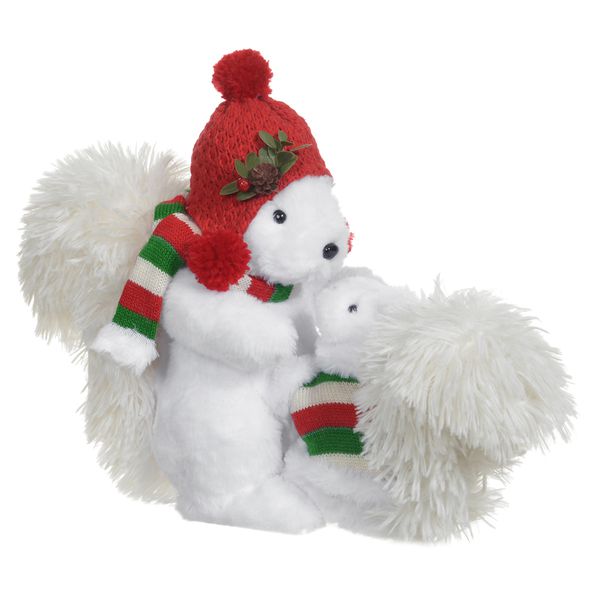 Esquilo Natal Pai e Filho Branco com Gorro Roupinha Vermelho Verde