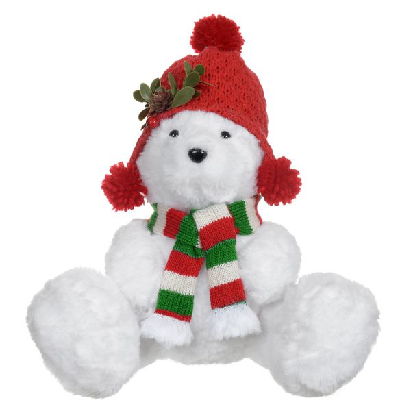 Urso Natal Sentado Branco Com Gorro Vermelho E Verde 25cm