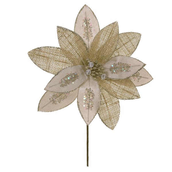 Flor Natalina Poinsetia Veludo Champagne com Brilho