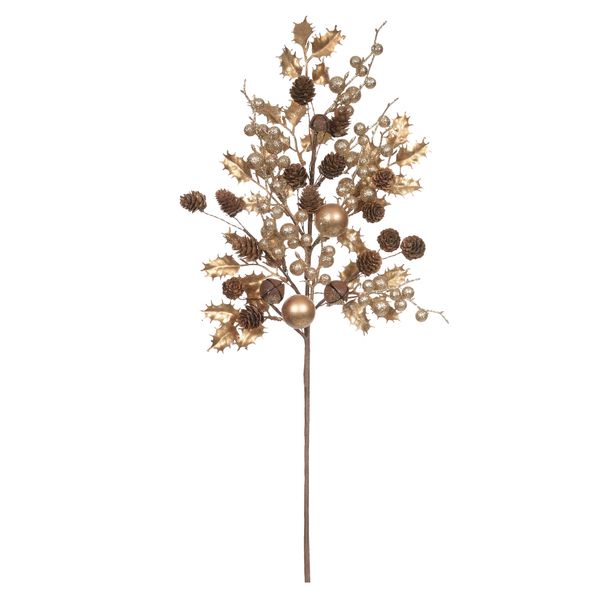 Galho Natal Grande Dourado Azevinho Brilho E Pinhas 70cm
