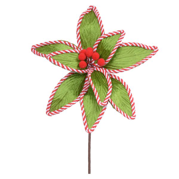 Flor Natalina Poinsetia Verde Veludo C Vermelho E Branco