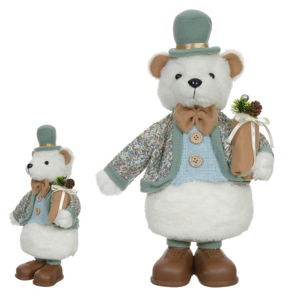Urso Natal Em Pé Branco E Azul Com Presente 33cm Luxo