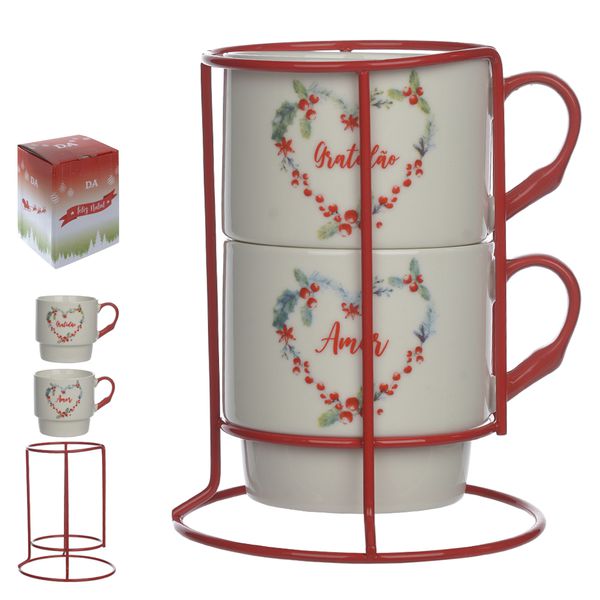 Jogo 2 Caneca Cerâmica com Suporte Frases Branco Vermelho