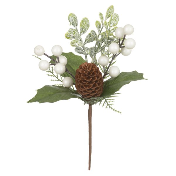 Galho Decorativo Natal Pick Berry Branco Com Pinha