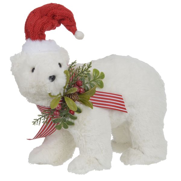 Urso Decorativo Natal em Pé Branco e Vermelho Touca 20cm