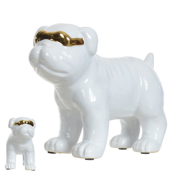 Escultura Cachorro Branco Bulldog com Óculos Dourado