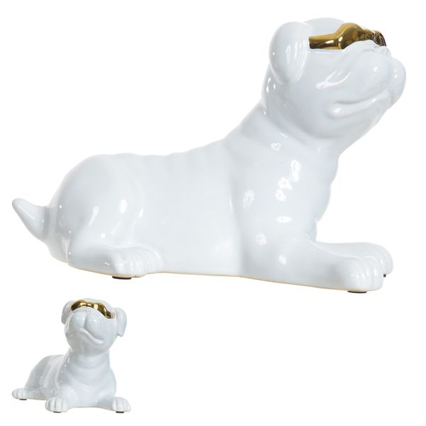 Escultura Cachorro Sentado Branco Bulldog Com Óculos Dourado