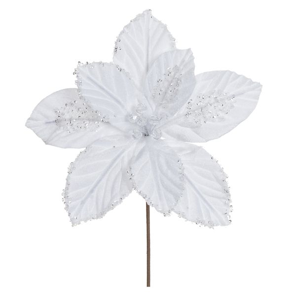 Flor Natalina Poinsetia Branca Veludo com Lantejoula Natal