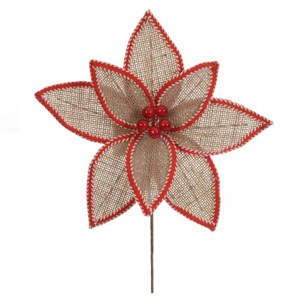 Flor Natalina Rústica Juta Listras Berry Vermelho