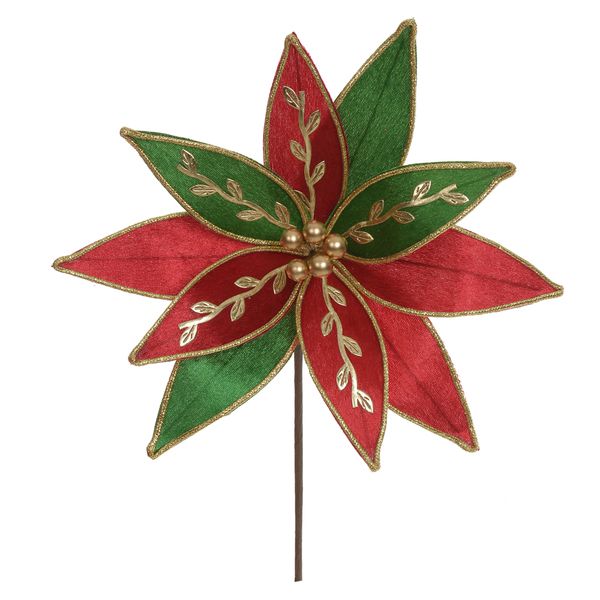 Flor De Natal Veludo Vermelho E Verde Folhas Luxo Natal