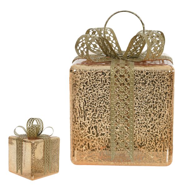 Caixa Decorativa Com Led Presente Natal Vidro Dourado 22cm