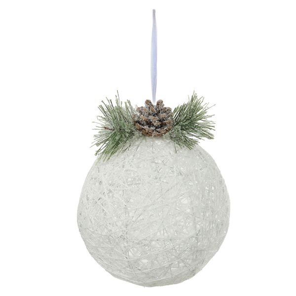 Bola Decorada Aramada Brilho Branco Com Pinha 15cm