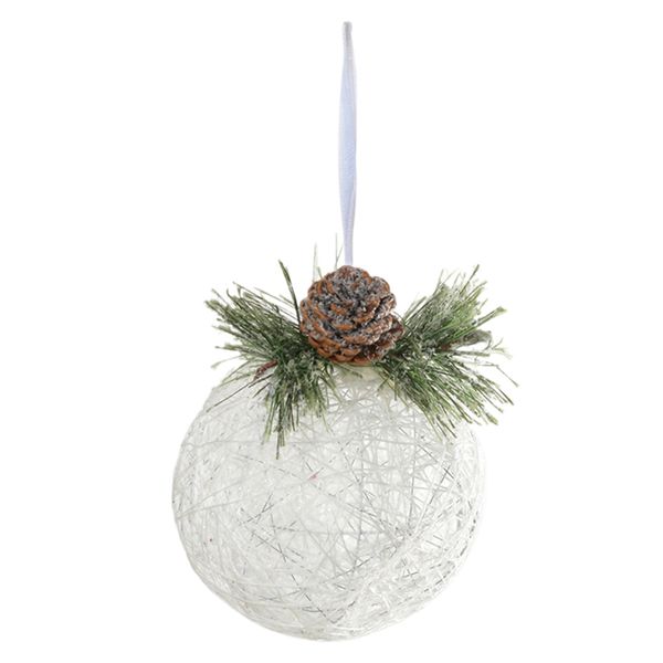 Bola Decorada Aramada Brilho Branco Com Pinha 10cm Branco