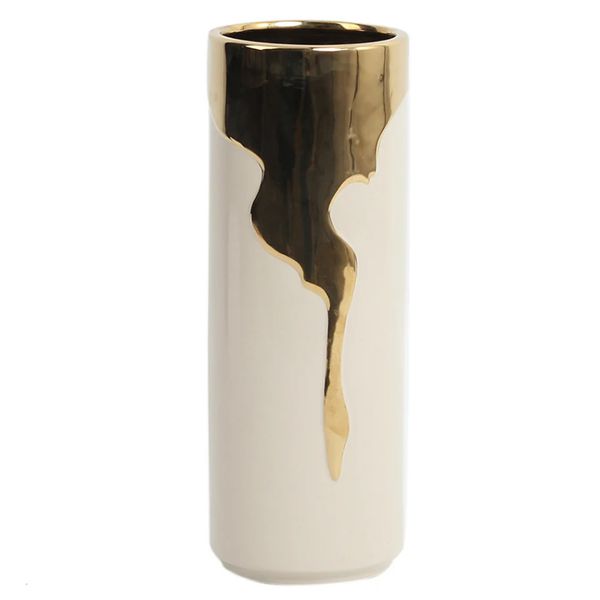 Vaso Decorativo Cerâmica Melted Off White Dourado 28cm