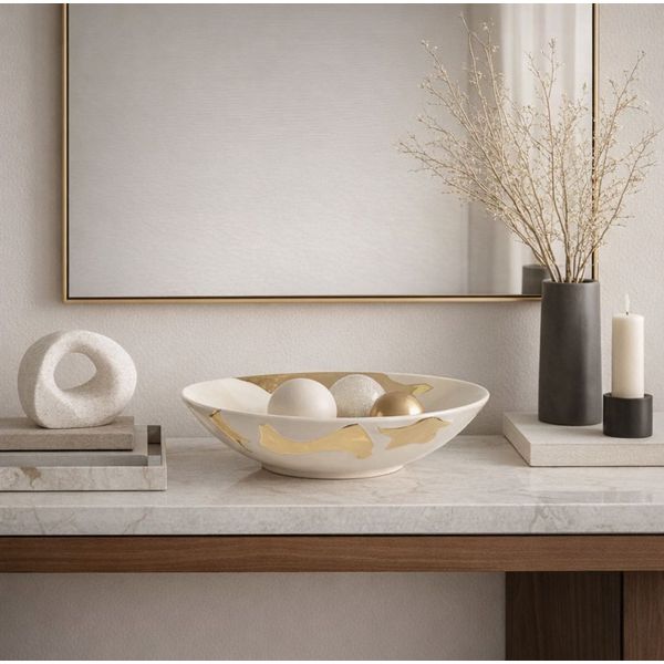 Centro de Mesa Decorativo Cerâmica Melted Off White Dourado 28cm