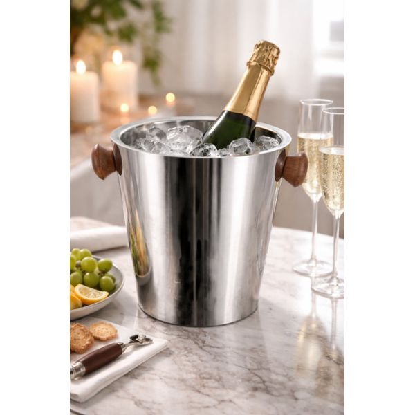 Balde De Gelo Aço Inox Para Champagnhe Com Madeira 27x23cm 