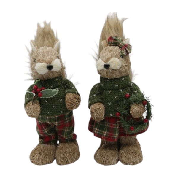 Boneco Natalino Casal Esquilo Xadrez Decoração Natal