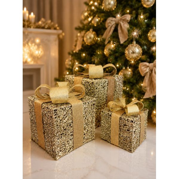 Jogo 3 Cx De Presente Decorativa Laço Dourado Brilho Natal