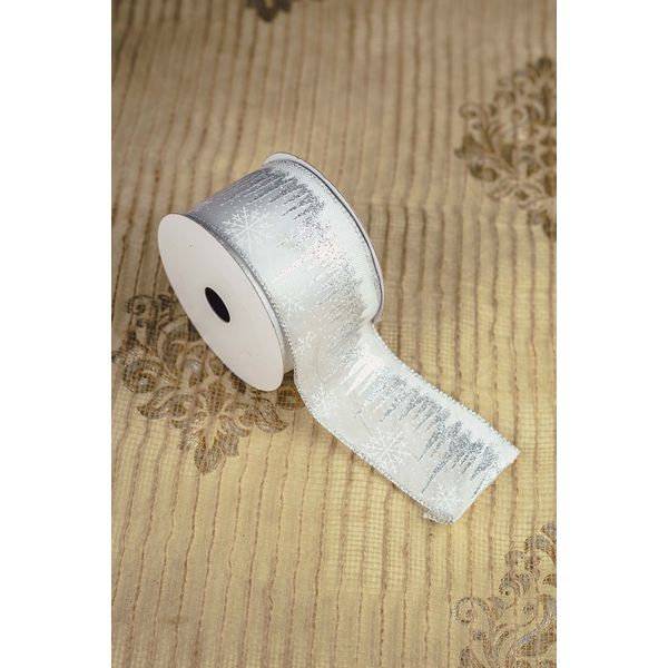 Fita Natalina Aramada 6,3cm Branca e Prata Floco de Neve 9,14m