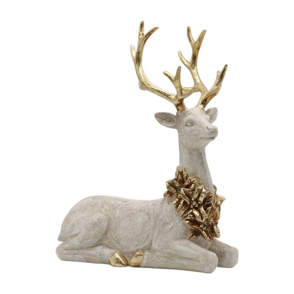 Rena Decorativa Sentada Resina Colar Dourado Led Luxo Natal