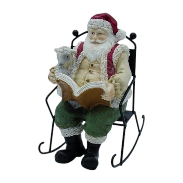 Papai Noel na Cadeira de Balanço com Livro e Ovelha 15cm