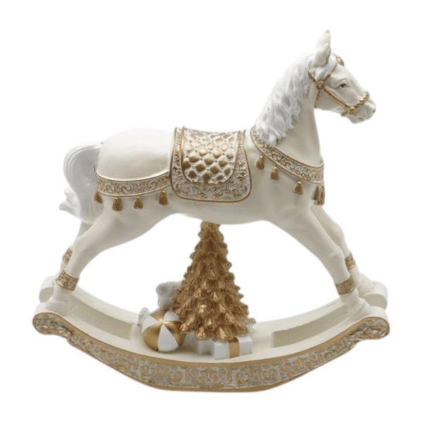 Cavalo De Balanço Branco e Dourado Ursinho Decoração Natal Resina