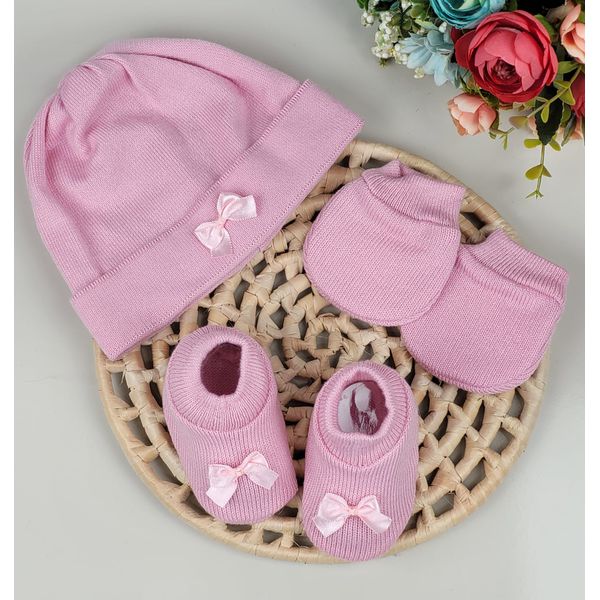 Kit Gorro Luva E Sapatinho Rn Pimpolho Rosa A Japonesa Franca