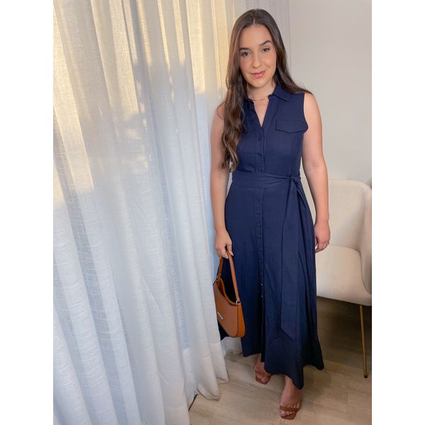 Vestido Linho Rebeca - Azul Marinho