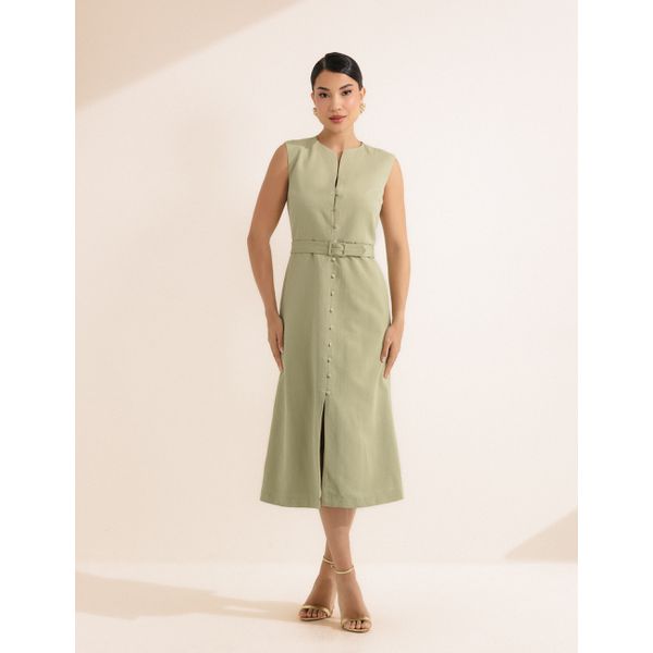 Vestido Midi Botões Viscose Linho - Verde Cardamomo