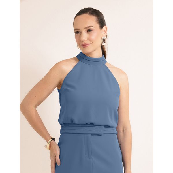 Blusa Decote Pregas Alfaiataria Fluida - Azul Botella