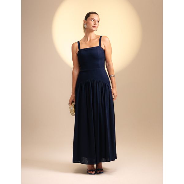 Vestido Cintura Baixa Viscose com Linho - Azul marinho