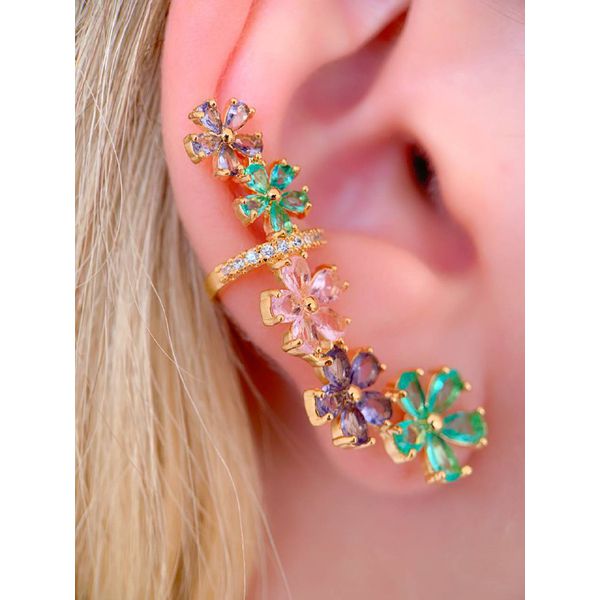Brinco Ear Cuff de Flor Cravejado 