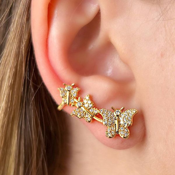 Brinco Ear Cuff De Borboleta Cravejado Na Micro Zircônia