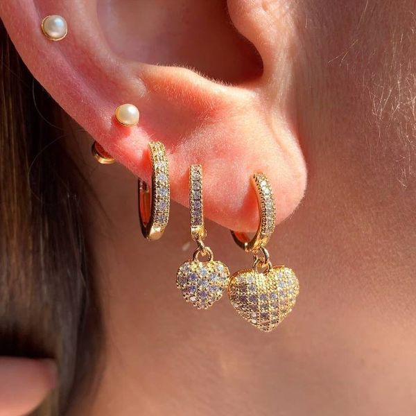 Trio de argola com pingente de coração na micro zircônia 